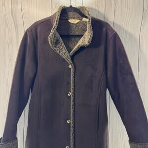 Vtg L.L.Bean Chore Coat Women XL Navy Brown Faux Suede Sherpa Lined Boho
